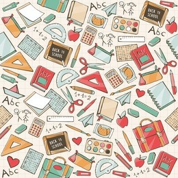 back to school seamless pattern with hand drawn school supplies, books and stationery