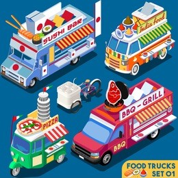 food truck isometric icon collection. isometric indian food delivery master. street food chef bbq truck icon. flat 3d isolated vector truck van vehicle icon set. bbq street dish cuisine illustration