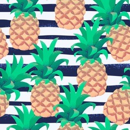 pineapples with grunge curved striped vest seamless pattern. tropical retro vector background