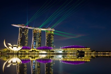 beautiful laser show at the marina bay waterfront in singapore