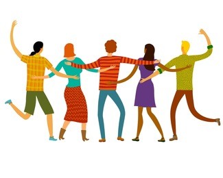 group of five happy friends, boys and girls, hugging each other. cartoon hand drawn illustration for your design.