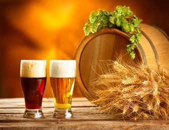beer. still life with vintage beer barrel and two glasses of dark and light beer. fresh amber beer concept. green hop and gold wheat on wooden table. ingredients for brewery. brewing traditions