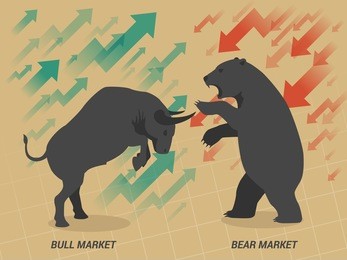stock market concept bull vs bear are facing and fighting on brown paper background