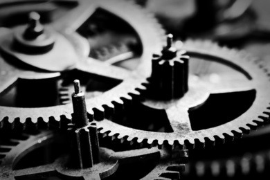 grunge gear, cog wheels black and white background. concept of industrial, science, clockwork, technology. 