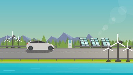 flat illustration of electromobile on highway near windmill, solar panels and beautiful nature. 