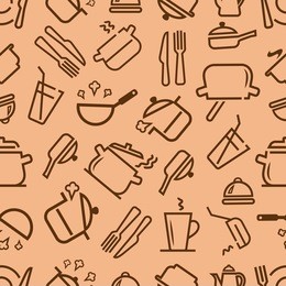 kitchenware and cooking utensils colorful and fun doodle seamless pattern. vector seamless background for your design.