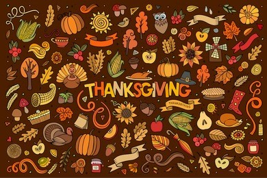 colorful vector hand drawn doodle cartoon set of objects and symbols on the thanksgiving autumn theme