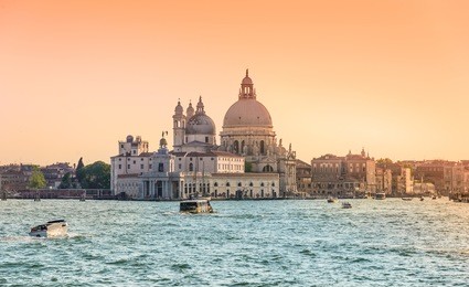 venice, grand canal and basilica santa maria della salute,venice, italy at sunset.