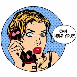 communication phone. the woman said i can help you. business work service. retro style pop art