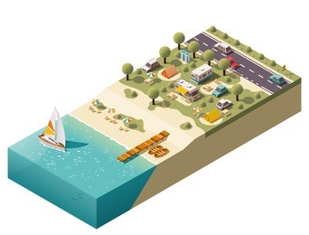 vector isometric icon or infographic element representing low poly tourist camping, camper van and camping trailer, tents, related equipment on the sea beach