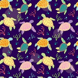 seamless pattern with sea turtles and algae.