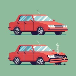 trendy flat design traffic car sedan vehicle before and after car crash road accident | wrecked and okay vehicle