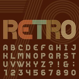 retro stripe alphabet font. sans serif type funky letters, numbers and symbols in trendy design. stock vector typography for headlines, posters in 70s style etc. easy color change.
