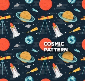 vector seamless space pattern in flat style. background with planets of solar system, rockets and telescope. planet mars, saturn, earth. cosmic icon design. childish background.