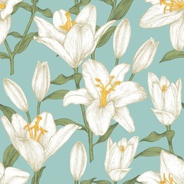 vector floral seamless pattern with white lilies. floral background in vintage style.