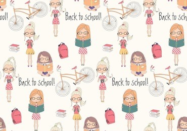 back to school seamless pattern with school girls, bicycle and books, vector illustration