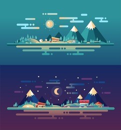 set of vector modern flat design conceptual landscapes with animals, houses and mountains. illustrations of beautiful forest scenes.