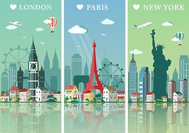 cities skylines set. flat landscapes vector illustration. london, paris and new york silhouettes with landmarks.