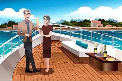 a vector illustration of romantic retired couple drinking champagne on a yacht