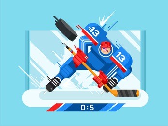 hockey player character. protection and stick, puck and hit, athlete and skate, game and competition, vector illustration