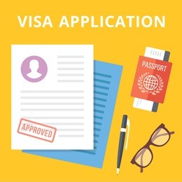 visa application flat illustration concept. top view. modern flat design concepts for web banners, web sites, printed materials, infographics. yellow background. creative vector illustration