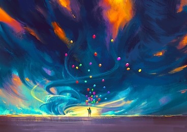child holding balloons standing in front of fantasy storm,illustration painting