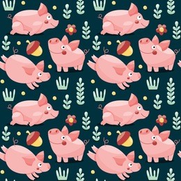 seamless pattern with pigs, plants and acorns