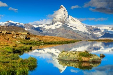 stunning panorama with matterhorn and beautiful alpine lake,stellisee,valais region,switzerland,europe