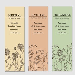 vector template label with hand-draw wild flowers and herbs. layout, mockup design for cosmetics, store, label, natural and organic products
