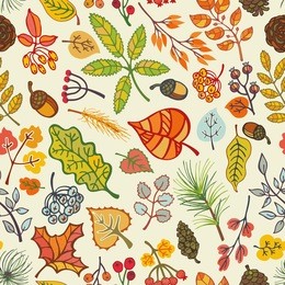 autumn seamless pattern.colored leaves ,berries,pine branches,spruce cones and acorns.fall wood harvest.vector  background.natural bright colors.for wrap,textile,wallpaper backdrop illustration.