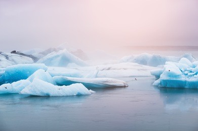 beautiful blue icebergs in jokulsarlon glacial lagoon at sunset. vatnajokull glacier, south of iceland
