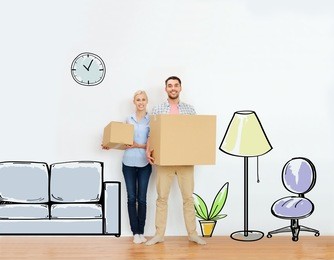 home, people, repair and real estate concept - happy couple holding cardboard boxes and moving to new place over furniture cartoon or sketch background