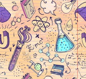 back to school: science lab objects doodle vintage style sketches seamless pattern, vector illustration. doodle lab equipment. note book page paper.biology geology alchemy chemistry. tattoo elements. 