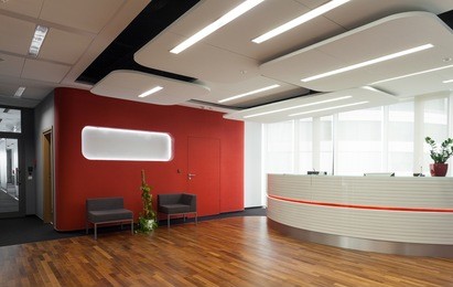 horizontal view of reception in modern hotel