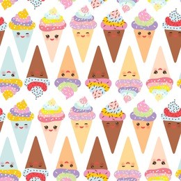 seamless pattern kawaii funny ice cream waffle cone, muzzle with pink cheeks and winking eyes, pastel colors on white background. vector