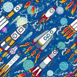 hand drawn cartoon space seamless pattern. rockets,  planets and stars