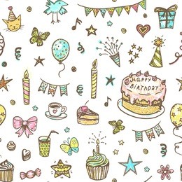 hand drawn happy birthday doodle seamless pattern