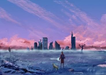 illustration: between the city and the wilderness. the young man walks with his dog. fantastic cartoon style scene wallpaper background design with story.