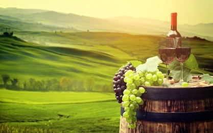 red wine bottle and wine glass on wooden barrel. beautiful tuscany background