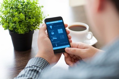 man holding the phone with program smart home on the screen in the office