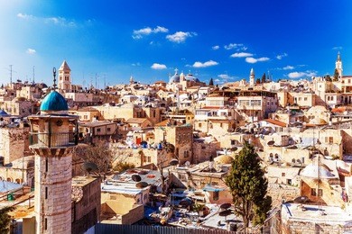 roofs of old city with holy sepulcher church dome, jerusalem, israel