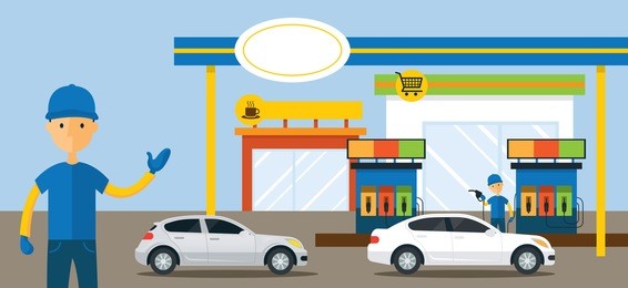 cars in gas station and service attendant illustration, flat design, panorama, automobile,