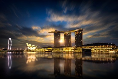 beautiful sunrise at marina bay, singapore city skyline, singapore