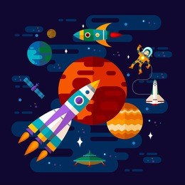 vector flat space elements with spaceship, ufo and planets.