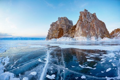 mount shamanka or cape burkhan on siberian lake baikal at winter