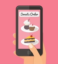 online order. sweet choice bakery via internet. woman hand with mobile. flat vector illustrations. 