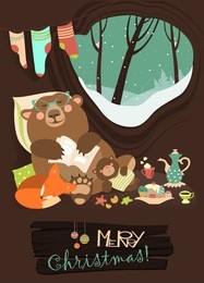 cute cartoon bear with cub and little fox sleeping in the winter in his den. vector greeting card