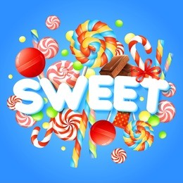 sweets concept with multicolored candies and chocolate realistic vector illustration