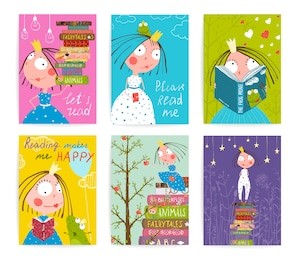 cute little princess kids reading fairy tale books library poster collection. colorful cute girl cards big bundle with a sign for a little child about reading literature. vector illustration.
