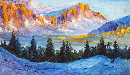 snow-capped mountains. valley, mountain landscape. painting, pictorial art